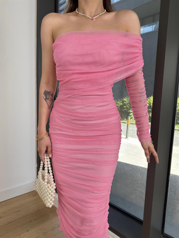 Midi Tek Kol Büzgülü Ninfe Kadın Pembe Tül Elbise 22K000524