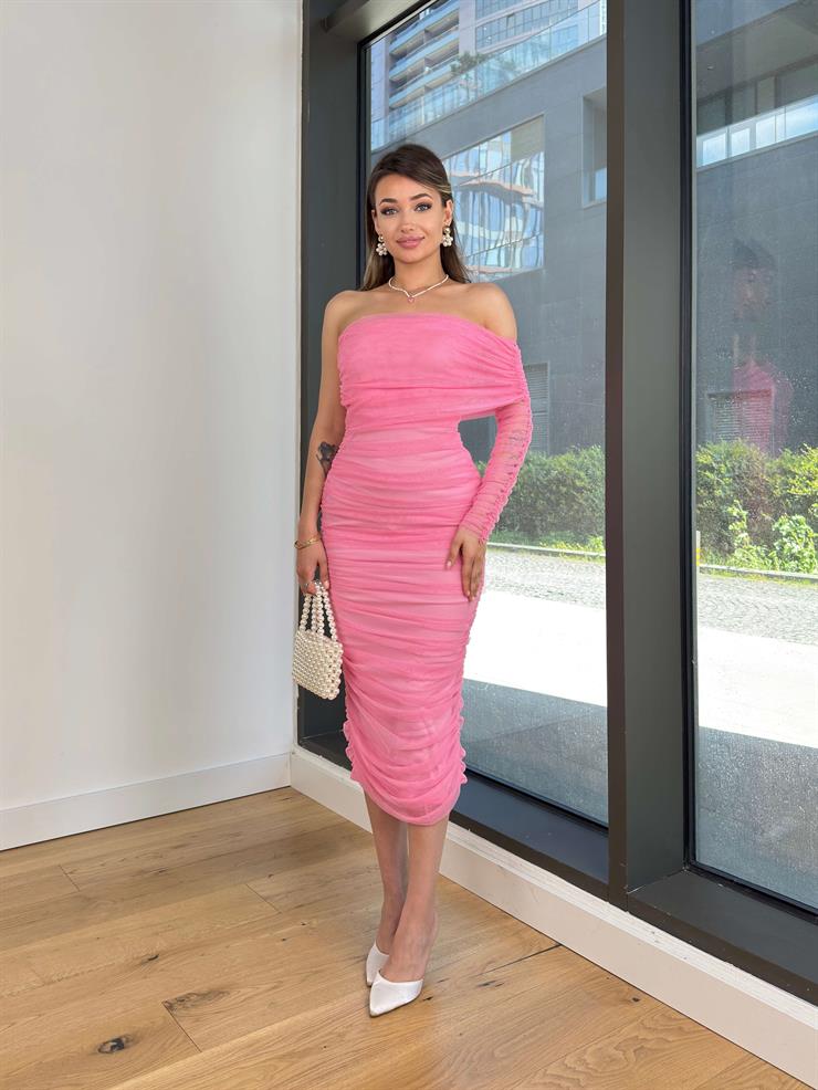 Midi Tek Kol Büzgülü Ninfe Kadın Pembe Tül Elbise 22K000524