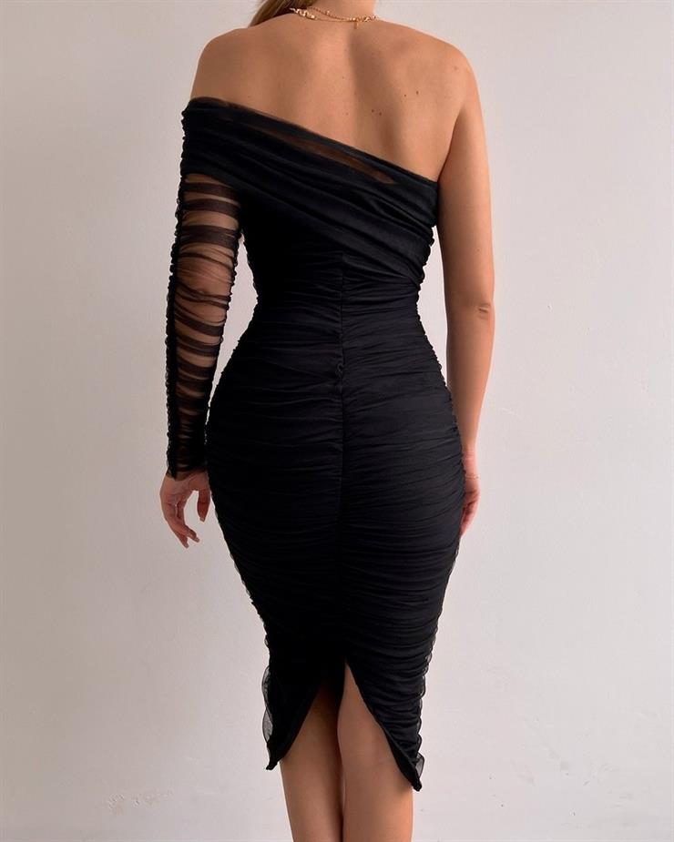 Midi Tek Kol Büzgülü Ninfe Kadın Siyah Tül Elbise 22K000524