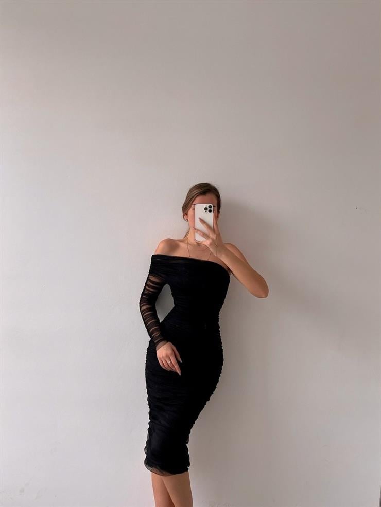 Midi Tek Kol Büzgülü Ninfe Kadın Siyah Tül Elbise 22K000524