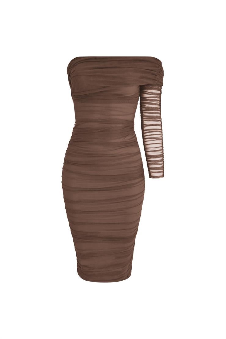 Midi Tek Kol Büzgülü Ninfe Kadın Vizon Tül Elbise 22K000524