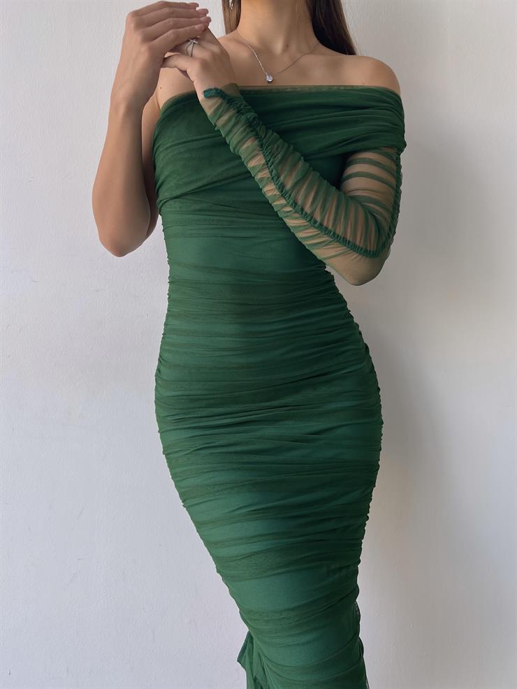 Midi Tek Kol Büzgülü Ninfe Kadın Yeşil Tül Elbise 22K000524