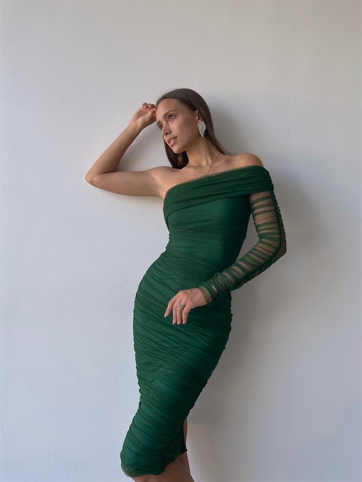 Midi Tek Kol Büzgülü Ninfe Kadın Yeşil Tül Elbise 22K000524