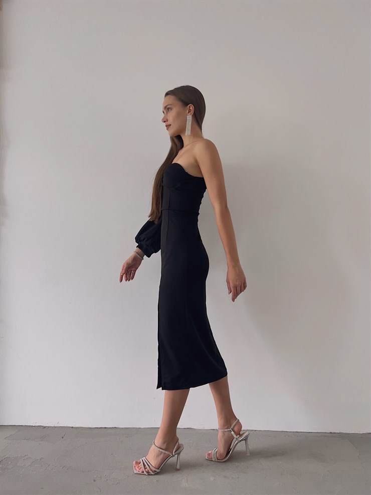 Midi Tek Kol Önden Yırtmaçlı Akira Kadın Siyah Elbise 22K000228