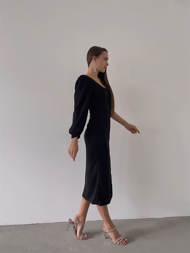 Midi Tek Kol Önden Yırtmaçlı Akira Kadın Siyah Elbise 22K000228