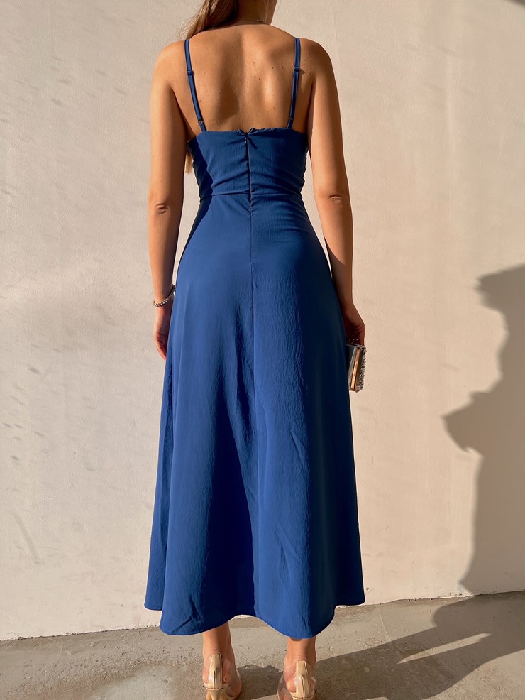 Midi Yandan Yırtmaç İnce Askılı Moreno Kadın İndigo Elbise 22Y000012