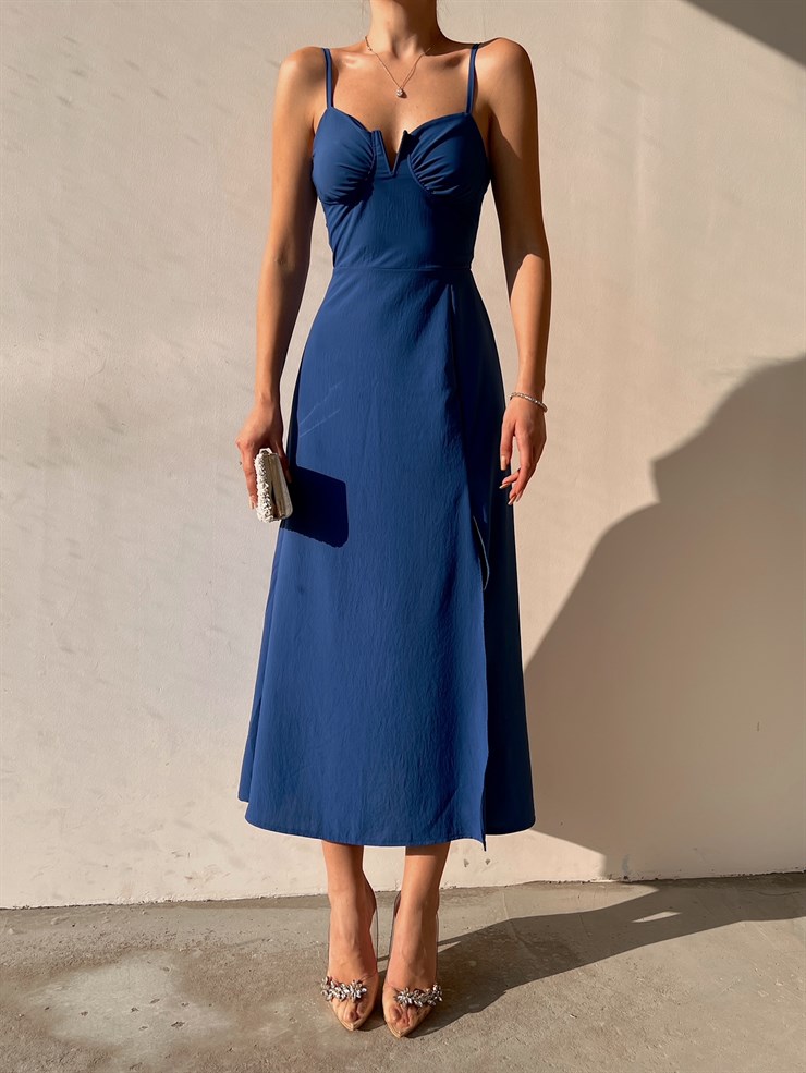 Midi Yandan Yırtmaç İnce Askılı Moreno Kadın İndigo Elbise 22Y000012