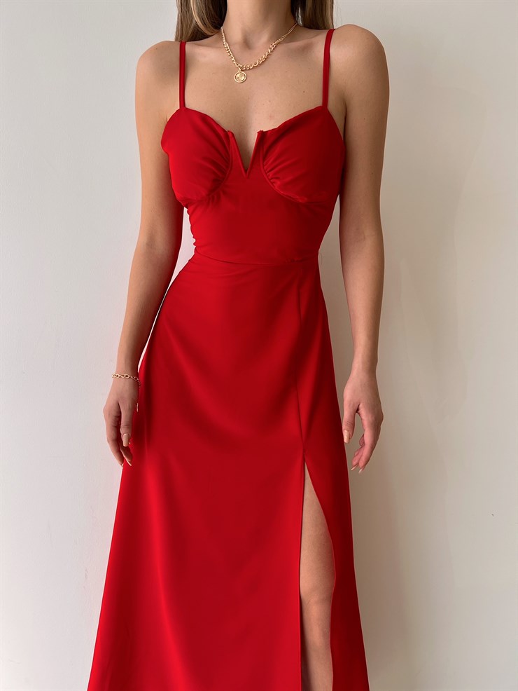 Midi Yandan Yırtmaç İnce Askılı Moreno Kadın Kırmızı Elbise 22Y000012