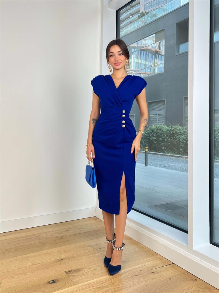 Omuz Vatkalı Kruvaze Yaka Drapeli Düğme Detaylı Miha Kadın Saks Midi Elbise 24Y857