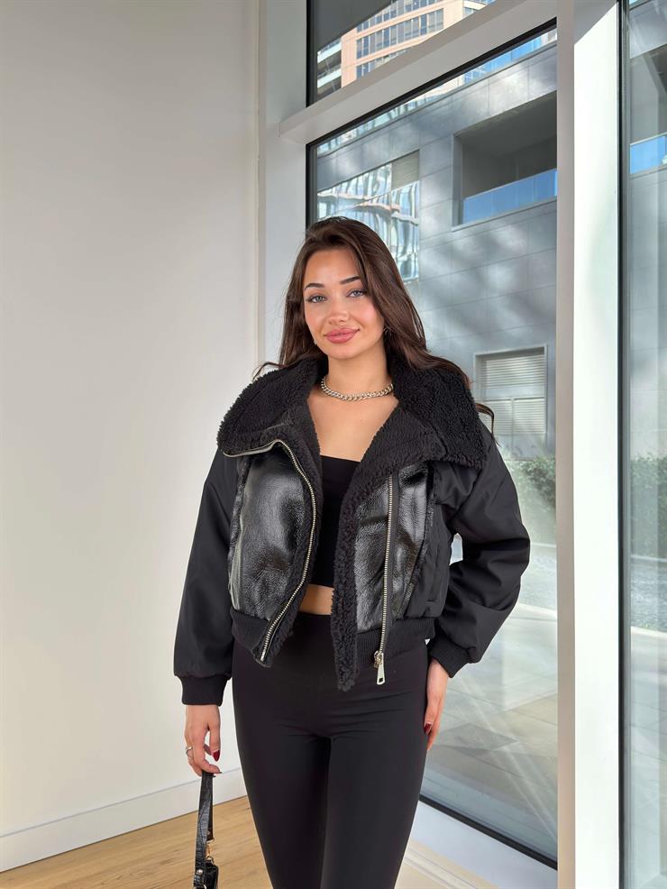İçi Peluş Deri Detaylı Mihael Siyah Kadın Mont 25K254