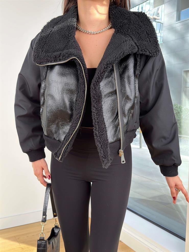 İçi Peluş Deri Detaylı Mihael Siyah Kadın Mont 25K254