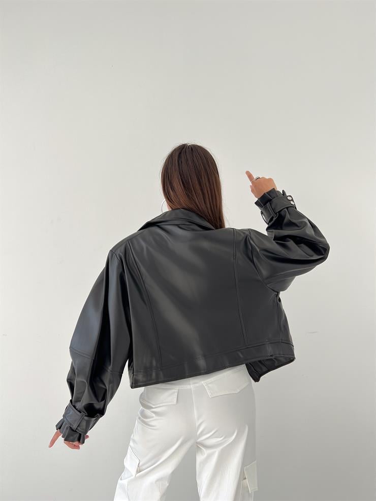 Önü Fermuar Kapamalı Mikula Kadın Siyah Bomber Deri Ceket 23K000477