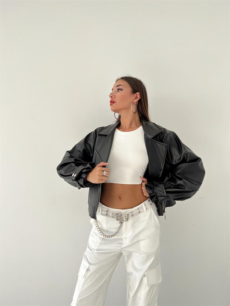 Önü Fermuar Kapamalı Mikula Kadın Siyah Bomber Deri Ceket 23K000477