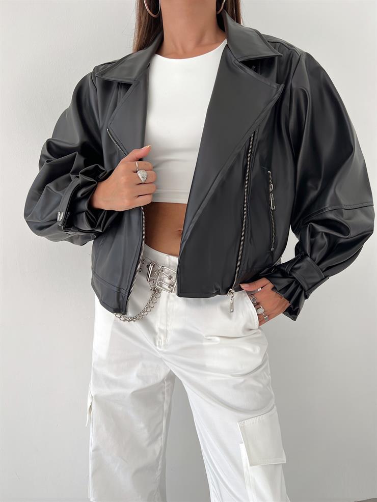 Önü Fermuar Kapamalı Mikula Kadın Siyah Bomber Deri Ceket 23K000477