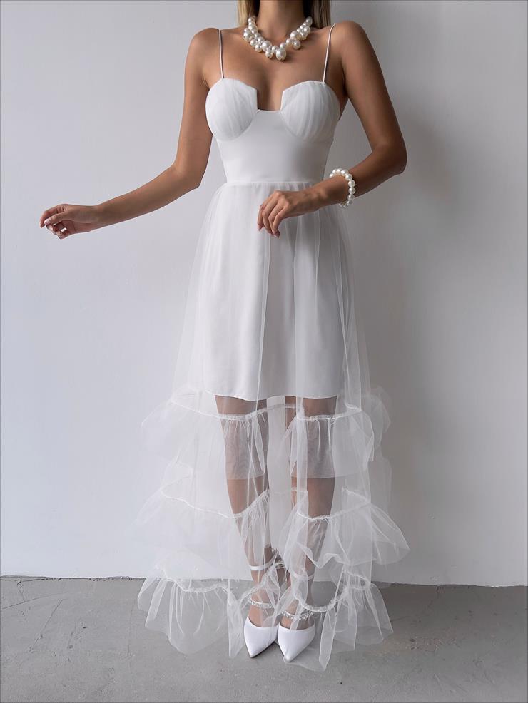 İnce Askılı Arkası Gipeli Eteği Tül Mila Kadın Beyaz Elbise 23Y000331