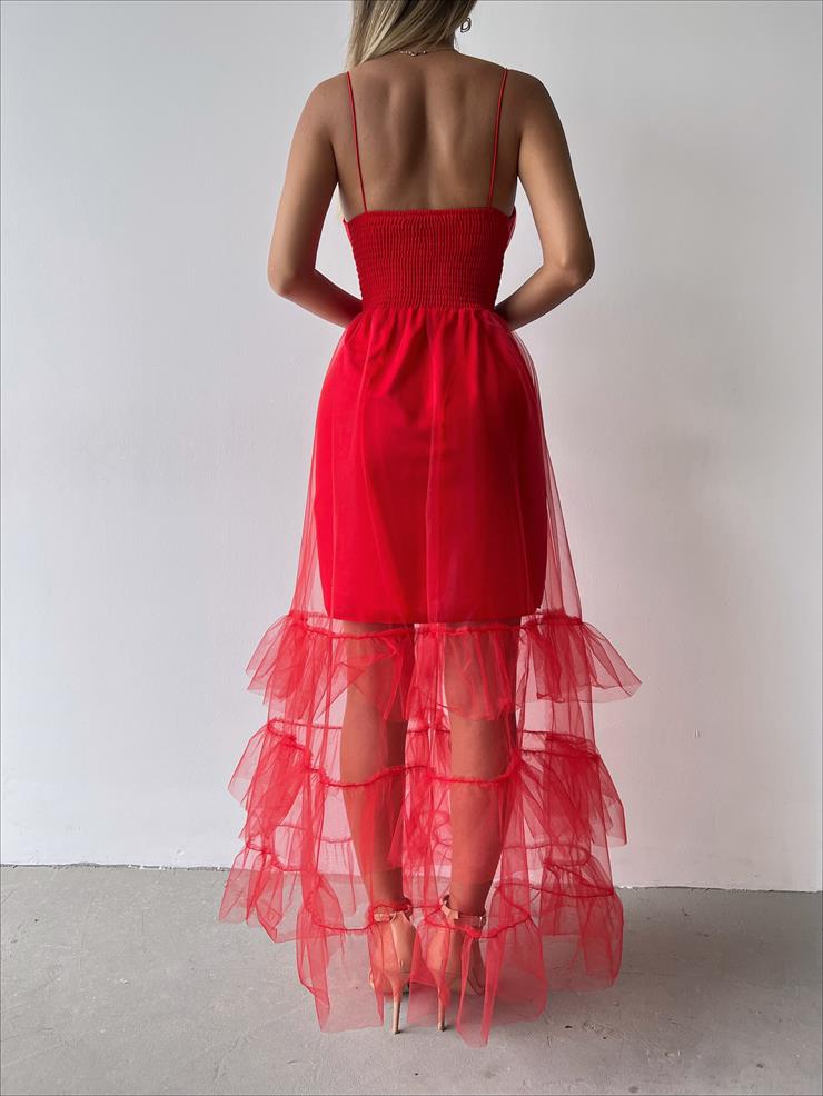 İnce Askılı Arkası Gipeli Eteği Tül Mila Kadın Kırmızı Elbise 23Y000331