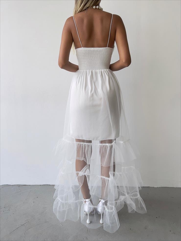 İnce Askılı Arkası Gipeli Eteği Tül Mila Kadın Beyaz Elbise 23Y000331