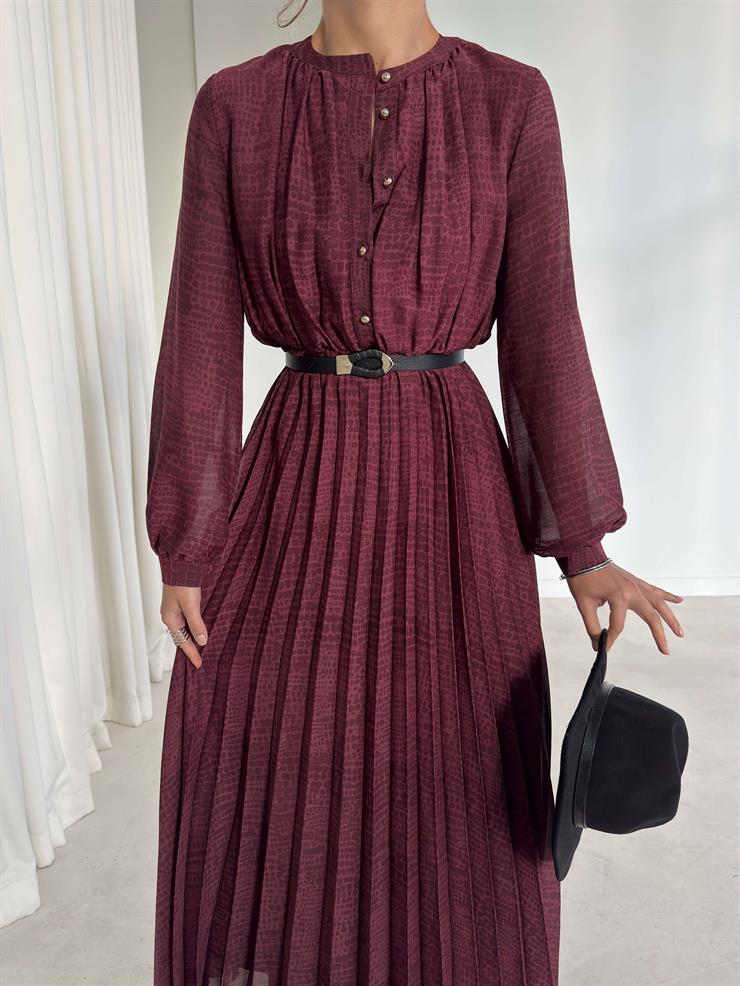 Eteği Pileli Üstü Düğmeli Kemerli Milder Bordo Kadın Elbise 26K337