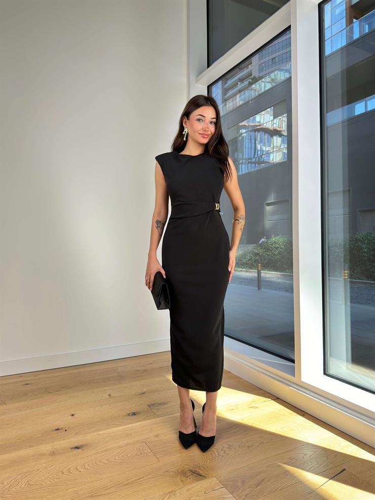 Kolsuz Bel Kısmı Aksesuar Detaylı Milenka Siyah Kadın Elbise 25K219