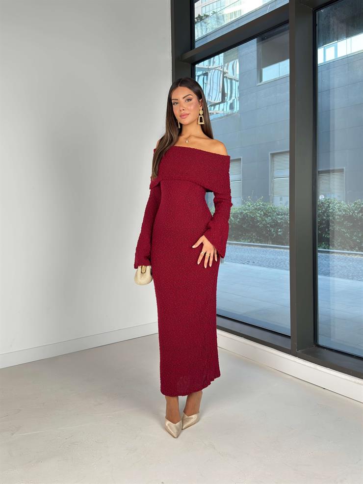 Omuz Dökümlü Geniş Kol Ucu Detaylı Milenko Bordo Triko Kadın elbise 26K020