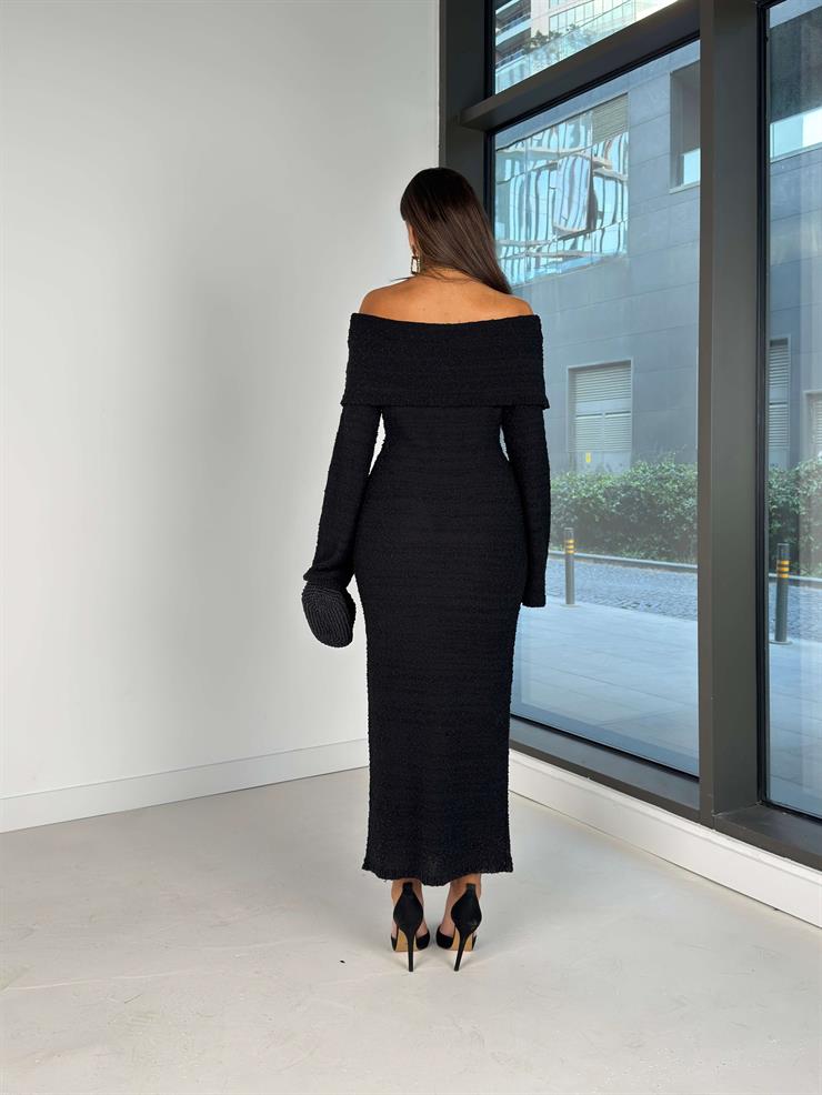 Omuz Dökümlü Geniş Kol Ucu Detaylı Milenko Siyah Triko Kadın elbise 26K020