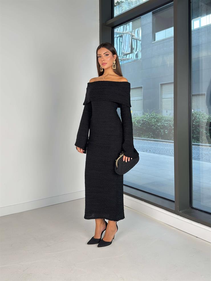 Omuz Dökümlü Geniş Kol Ucu Detaylı Milenko Siyah Triko Kadın elbise 26K020