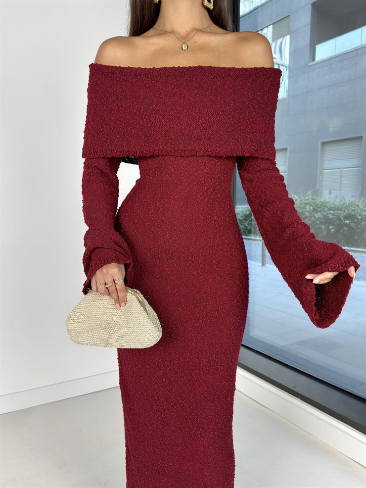 Omuz Dökümlü Geniş Kol Ucu Detaylı Milenko Bordo Triko Kadın elbise 26K020