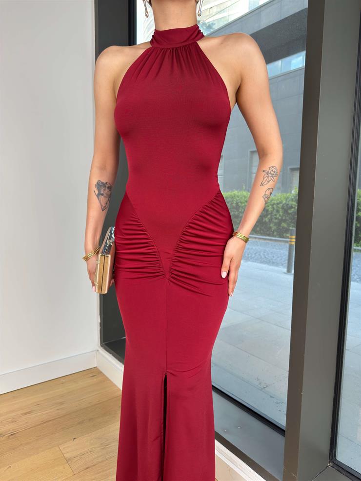 Halter Yaka Drapeli Eteği Yırtmaçlı Milenlo Bordo Kadın Elbise 25Y343