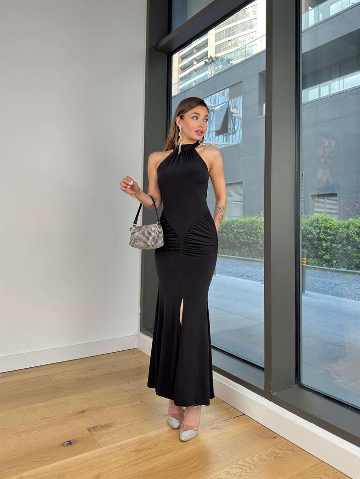 Halter Yaka Drapeli Eteği Yırtmaçlı Milenlo Siyah Kadın Elbise 25Y343