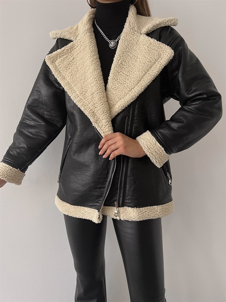 Fermuar Kapamalı İçi Vegan Kürklü Milla Kadın Siyah Vegan Deri Ceket 23K000224