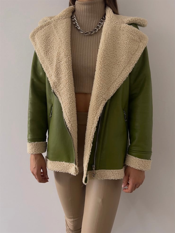 Fermuar Kapamalı İçi Vegan Kürklü Milla Kadın Yeşil Vegan Deri Ceket 23K000224