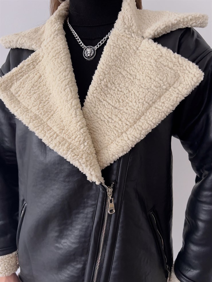 Fermuar Kapamalı İçi Vegan Kürklü Milla Kadın Siyah Vegan Deri Ceket 23K000224