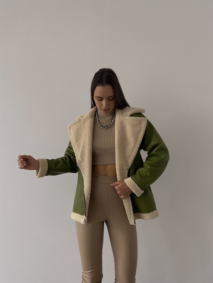 Fermuar Kapamalı İçi Vegan Kürklü Milla Kadın Yeşil Vegan Deri Ceket 23K000224