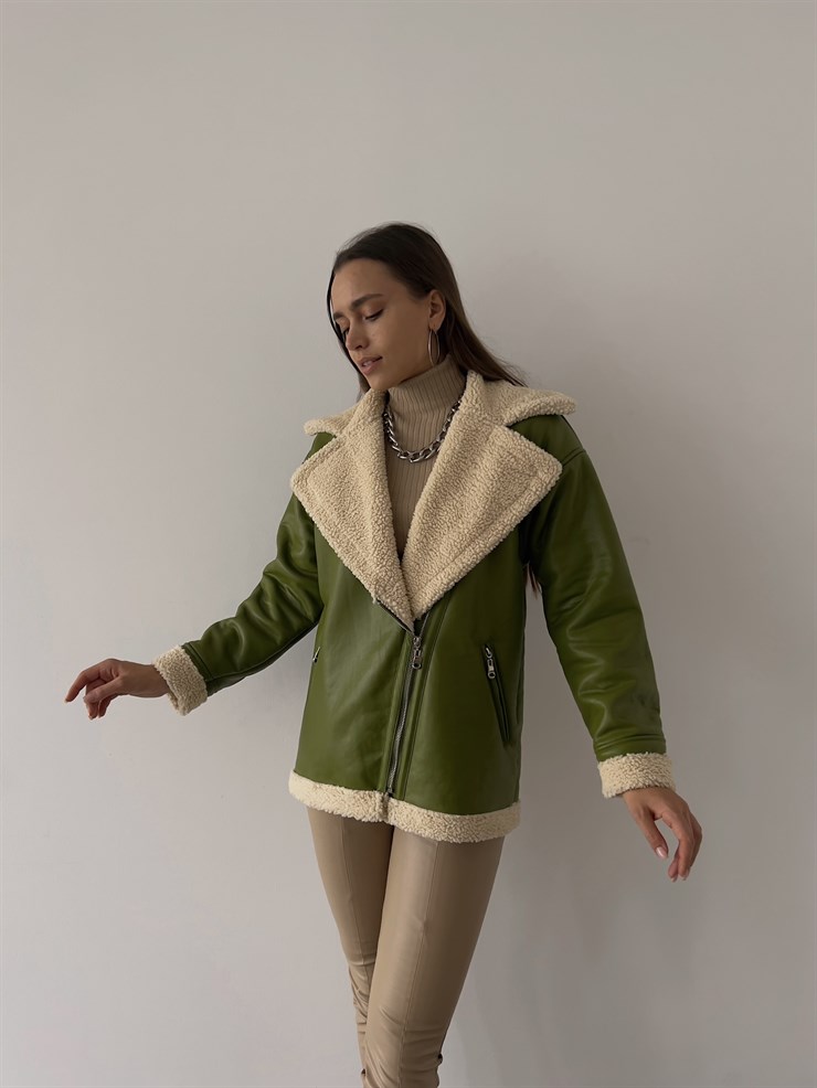 Fermuar Kapamalı İçi Vegan Kürklü Milla Kadın Yeşil Vegan Deri Ceket 23K000224