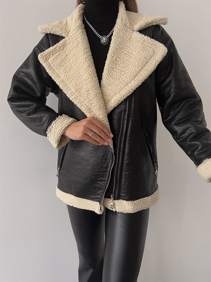 Fermuar Kapamalı İçi Vegan Kürklü Milla Kadın Siyah Vegan Deri Ceket 23K000224