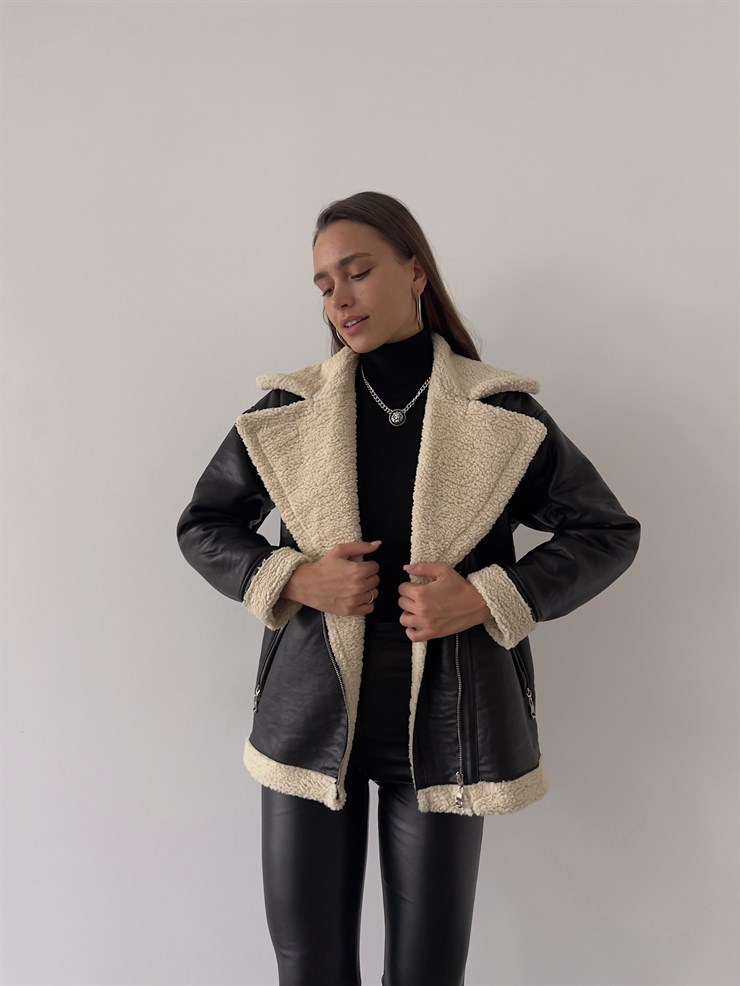 Fermuar Kapamalı İçi Vegan Kürklü Milla Kadın Siyah Vegan Deri Ceket 23K000224