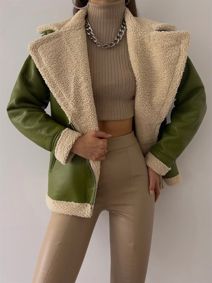 Fermuar Kapamalı İçi Vegan Kürklü Milla Kadın Yeşil Vegan Deri Ceket 23K000224