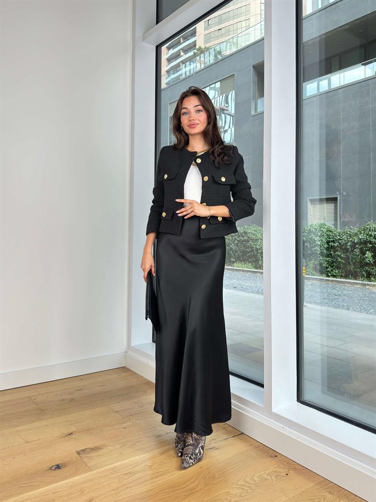 Saten Milovan Siyah Kadın Etek 25K203