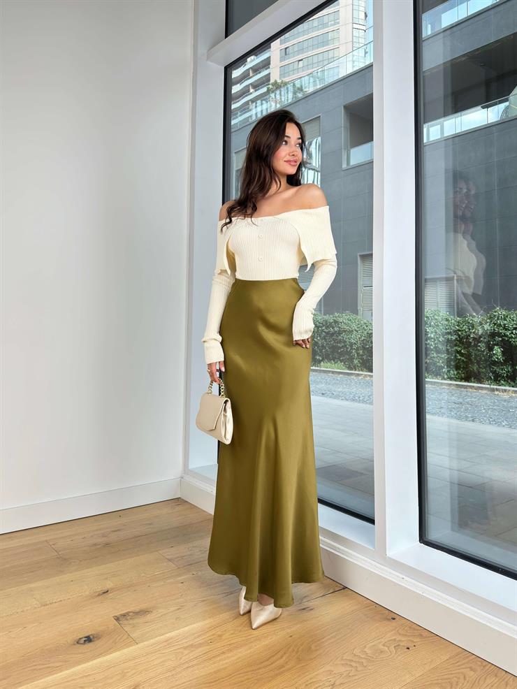 Saten Milovan Haki Kadın Etek 25K203