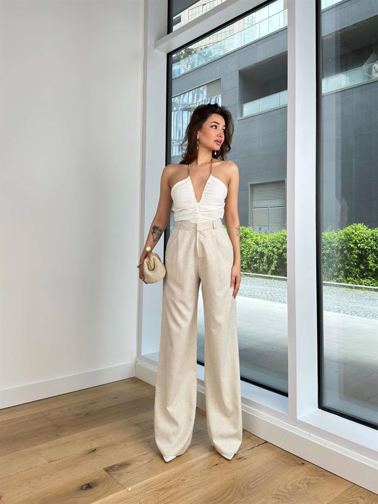 İnce Boyundan Askılı V Yaka Drapeli Milsa Kadın Ekru Bluz 24Y416