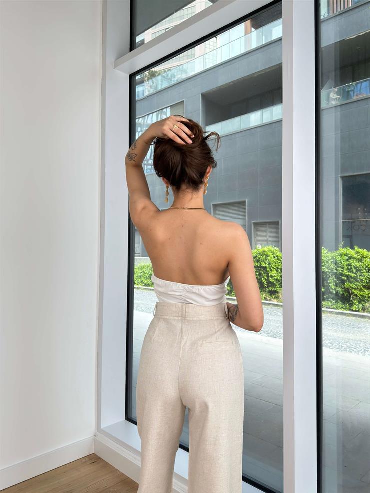 İnce Boyundan Askılı V Yaka Drapeli Milsa Kadın Ekru Bluz 24Y416