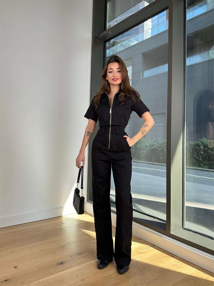 Önü Fermuar Detaylı Milton Kadın Siyah Kot Tulum 24Y111