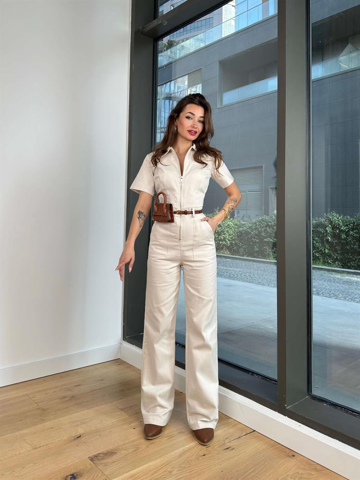 Önü Fermuar Detaylı Milton Kadın Taş Kot Tulum 24Y111