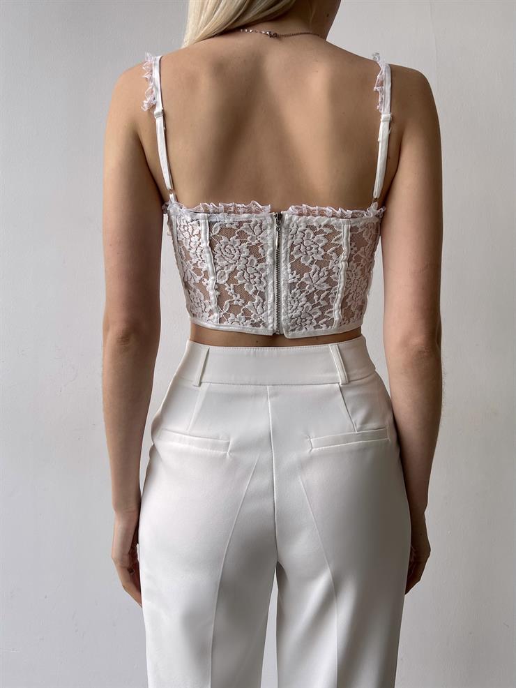 Askılı Korse Görünümlü Dantelli Minerva Kadın Beyaz Crop Bluz 23Y000144