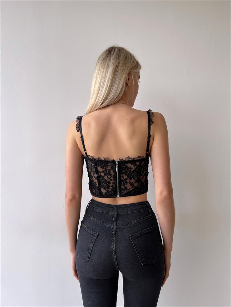 Askılı Korse Görünümlü Dantelli Minerva Kadın Siyah Crop Bluz 23Y000144