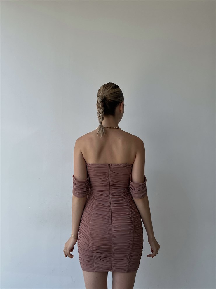 Mini Açık Omuz Drapeli Antonia Kadın Vizon Tül Elbise 22Y000040