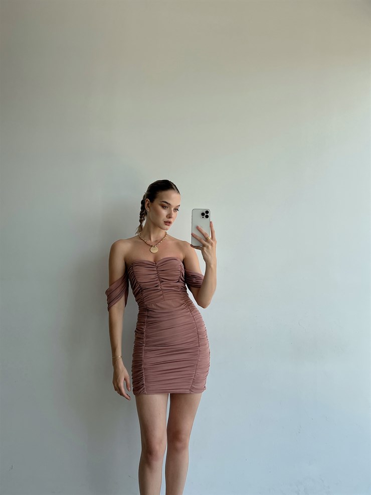 Mini Açık Omuz Drapeli Antonia Kadın Vizon Tül Elbise 22Y000040