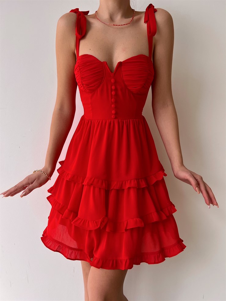 Mini Ayarlanabilir Askı Fırfırlı Grazia Kadın Kırmızı Elbise 22K000536