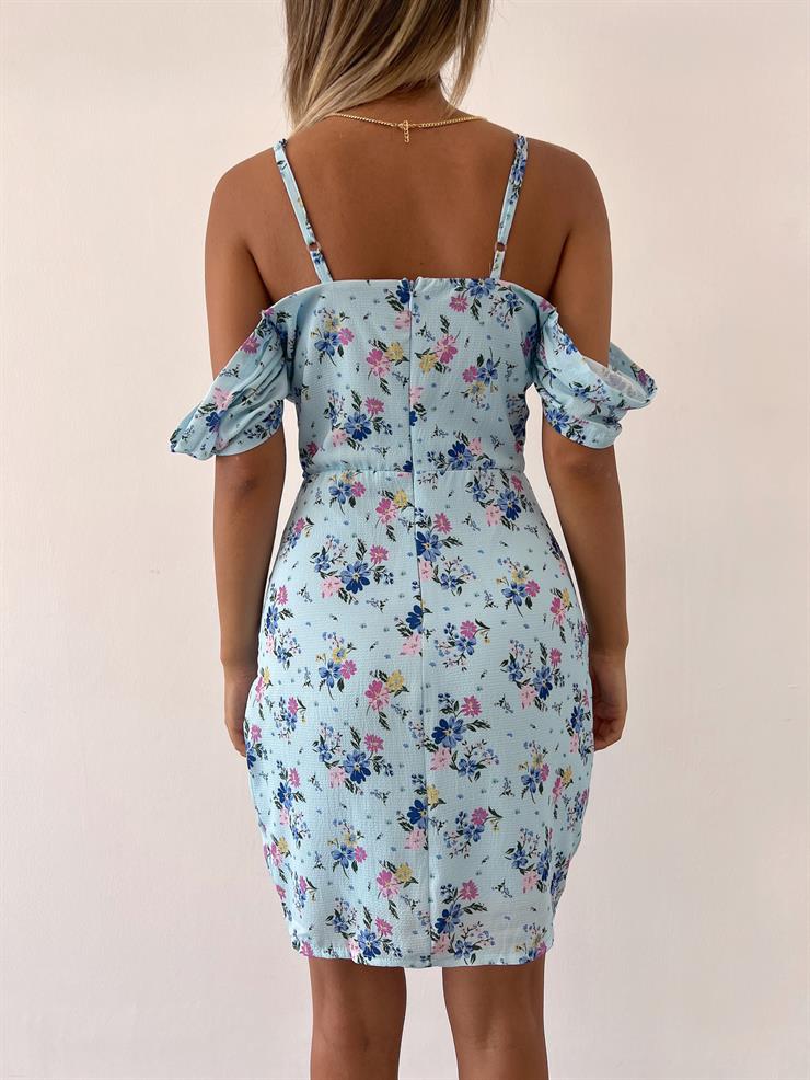 Mini Boy Çiçekli Eteği Kruvaze Model Drapeli Karen Kadın Bebe Mavi Elbise 22Y000299