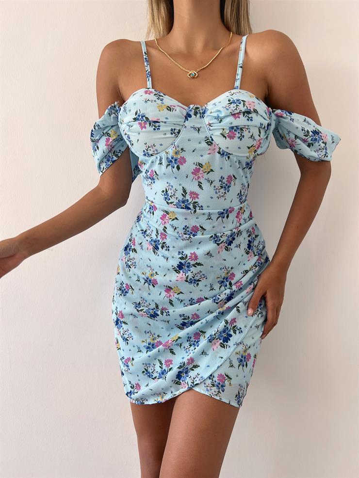 Mini Boy Çiçekli Eteği Kruvaze Model Drapeli Karen Kadın Bebe Mavi Elbise 22Y000299